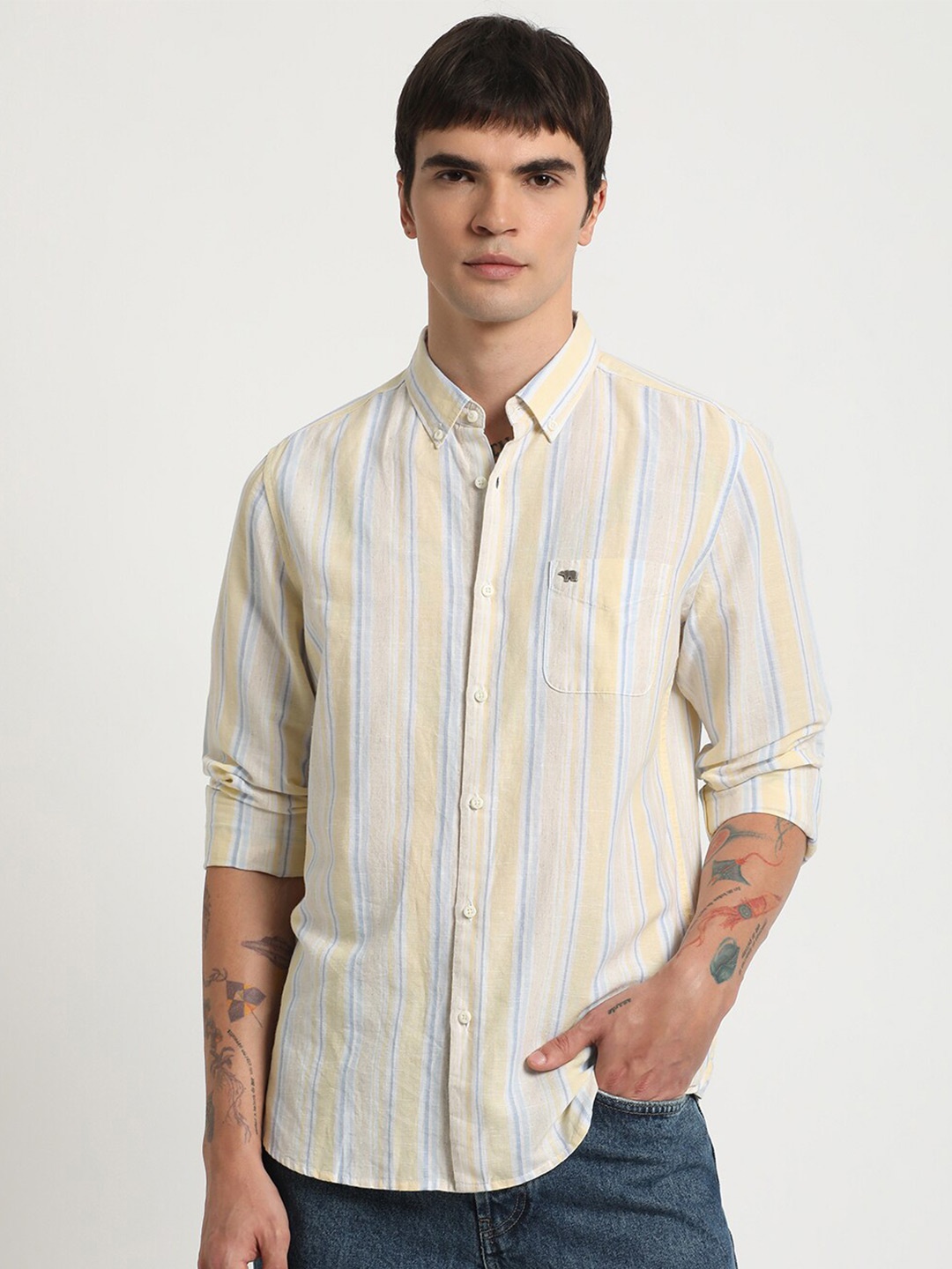 

THE BEAR HOUSE Slim Fit Vertical Stripes Button-Down Collar Cotton Casual Shirt, Yellow