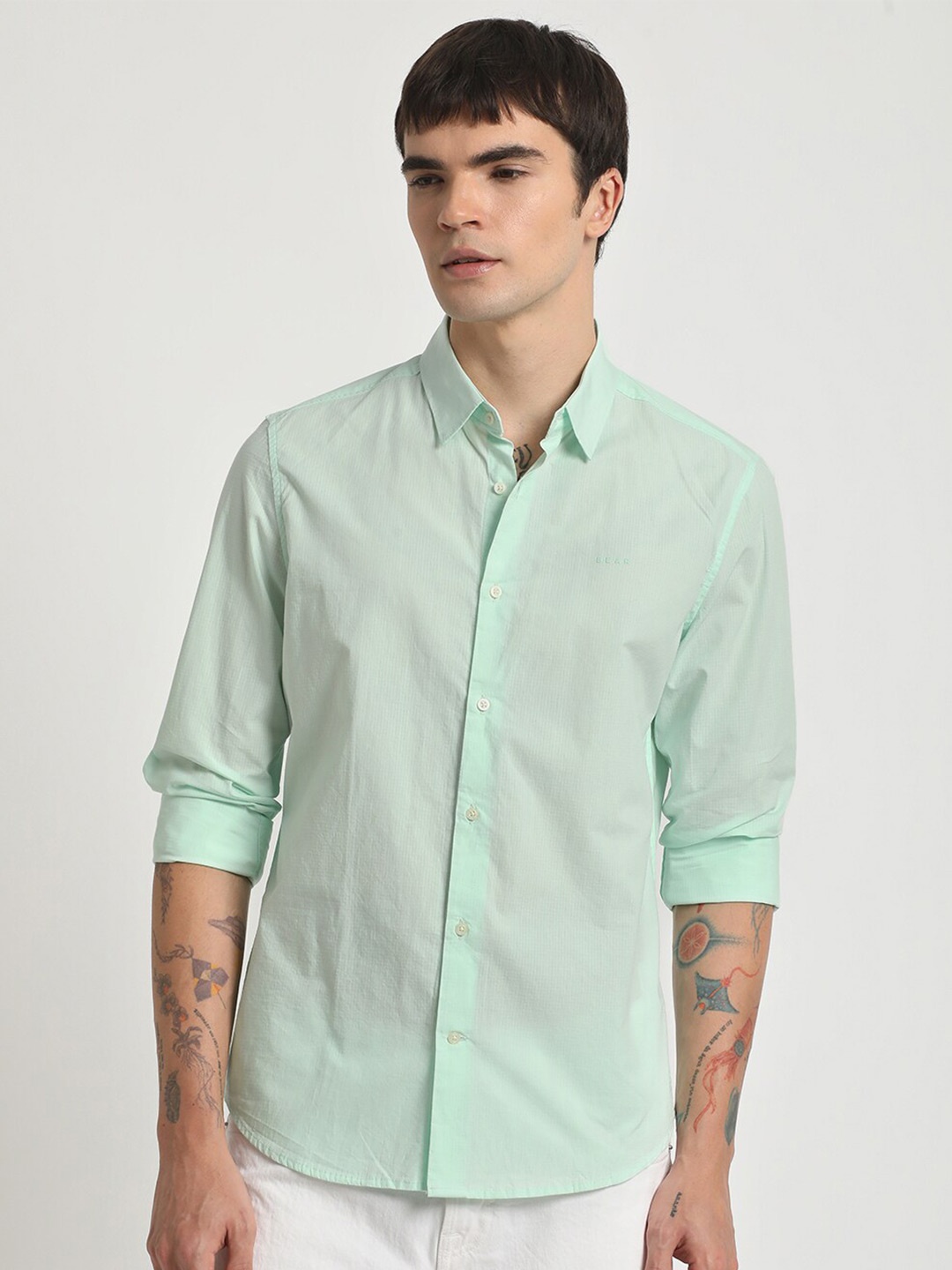 

THE BEAR HOUSE Slim Fit Pure Cotton Casual Shirt, Green