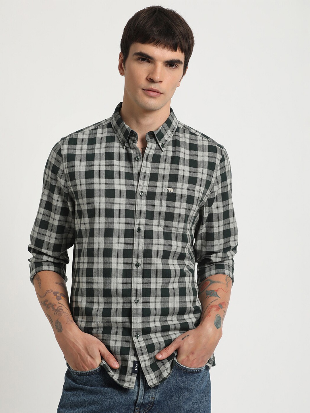 

THE BEAR HOUSE Slim Fit Tartan Checked Button Down Collar Pure Cotton Casual Shirt, Green