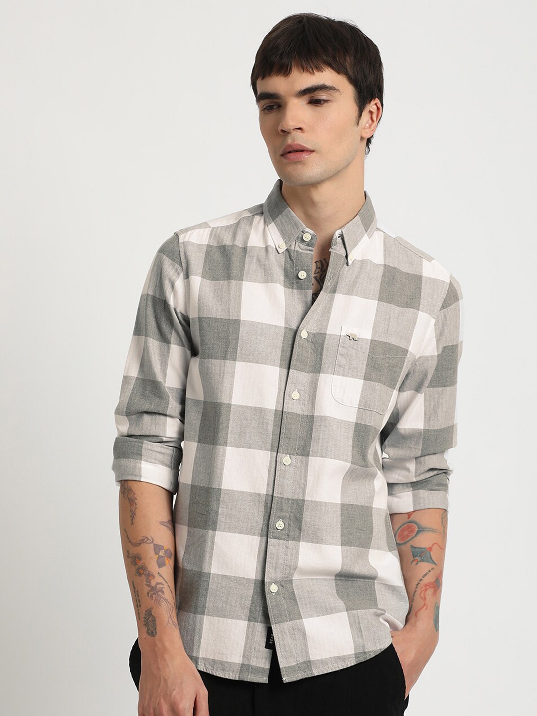 

THE BEAR HOUSE Buffalo Checked Slim Fit Pure Cotton Shirt, Grey