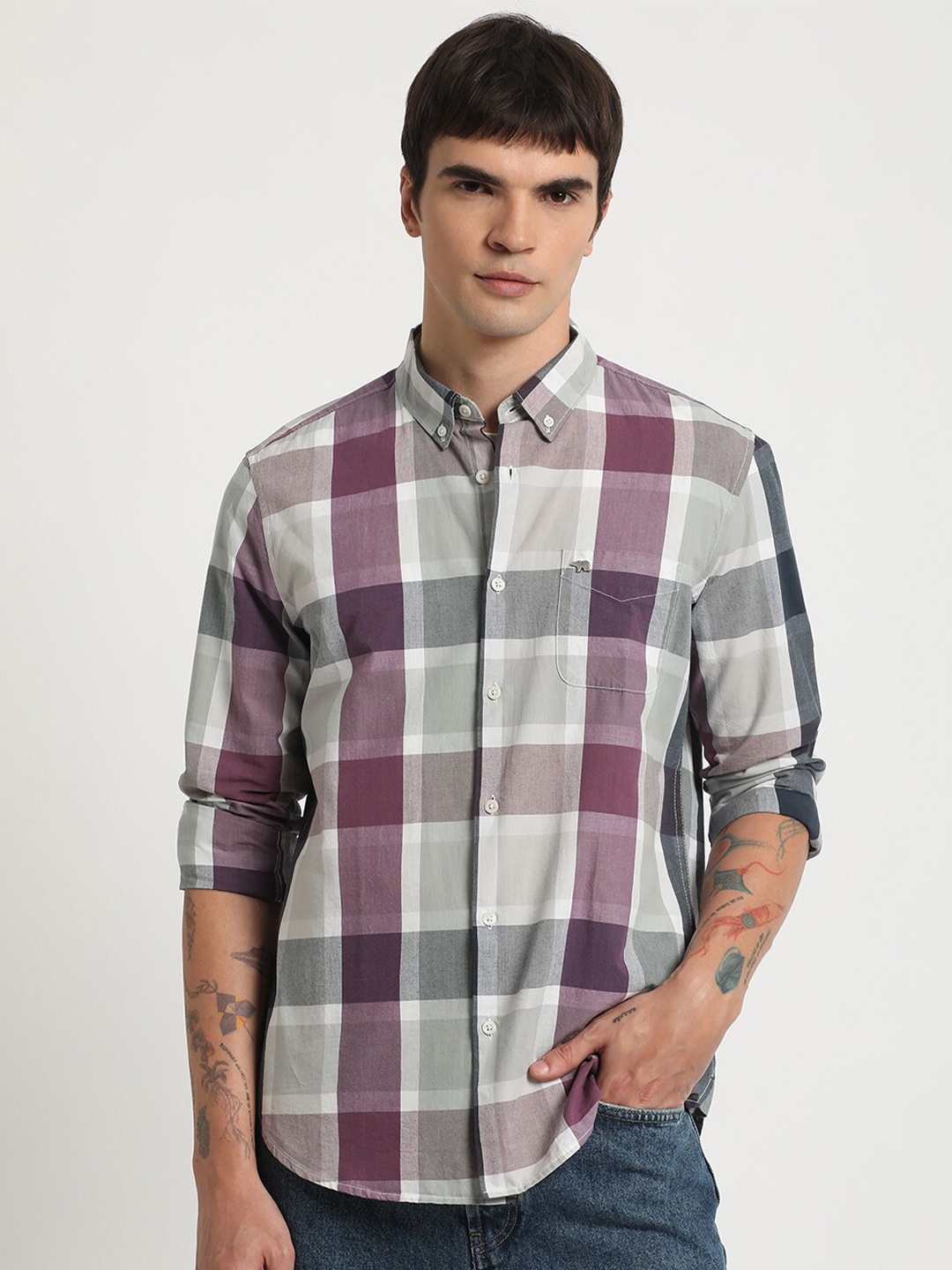 

THE BEAR HOUSE Slim Fit Tartan Checked Button-Down Collar Pure Cotton Casual Shirt, Purple