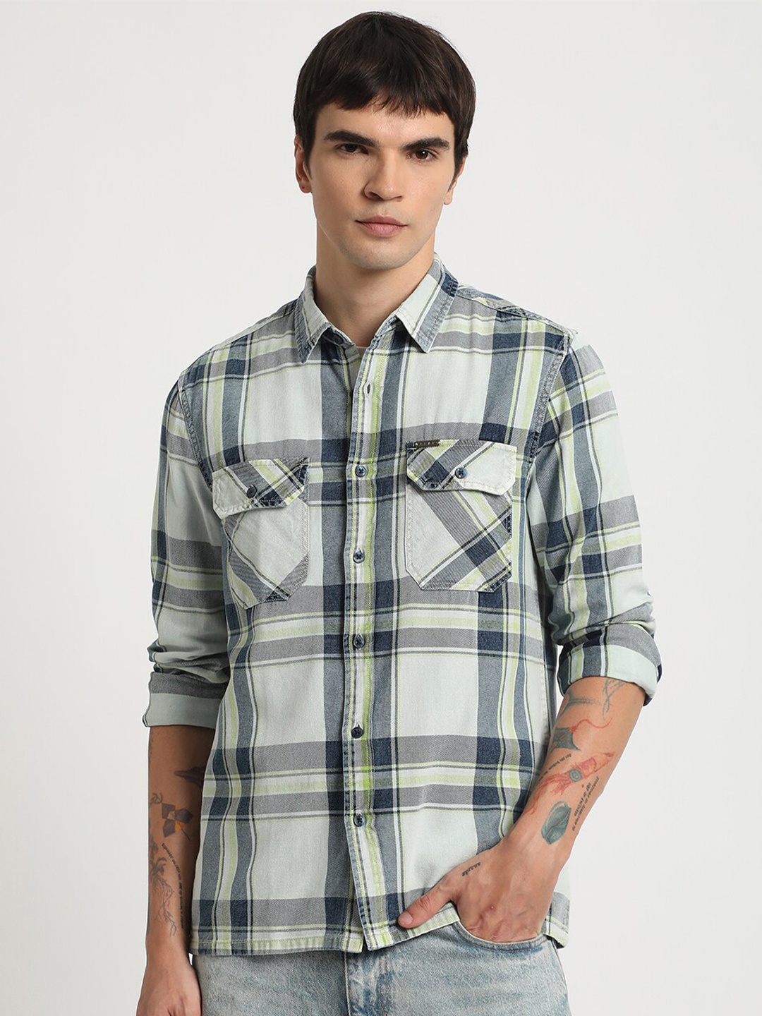 

THE BEAR HOUSE Slim Fit Tartan Checked Twill Weave Pure Cotton Casual Shirt, Green