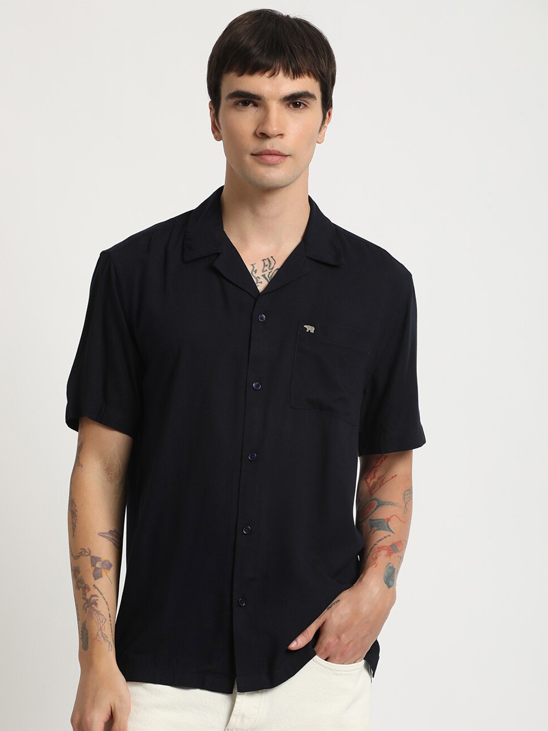 

THE BEAR HOUSE Cuban Collar Short Sleeves Cotton Casual Shirt, Blue