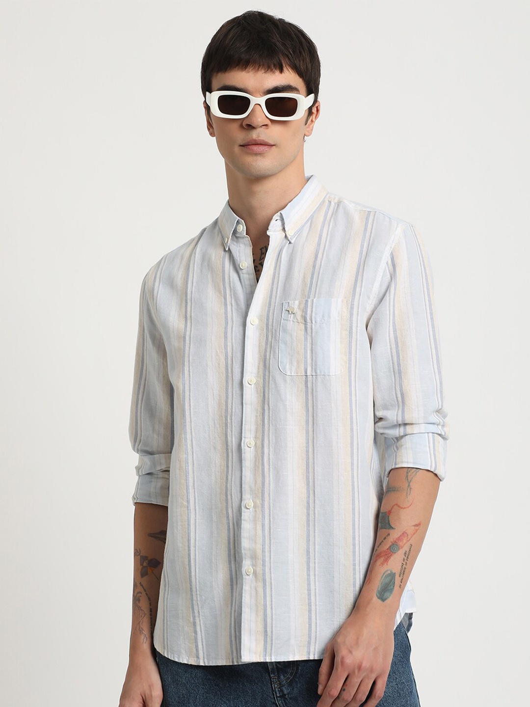 

THE BEAR HOUSE Striped Slim Fit Cotton Linen Shirt, Blue