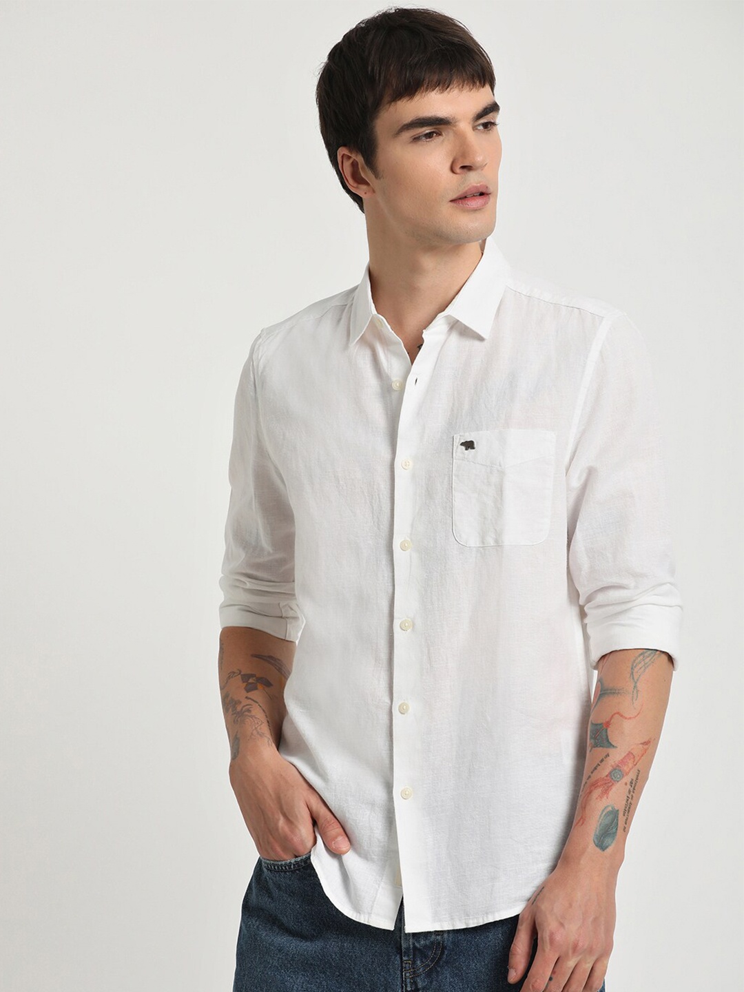 

THE BEAR HOUSE Slim Fit Cotton Linen Casual Shirt, White