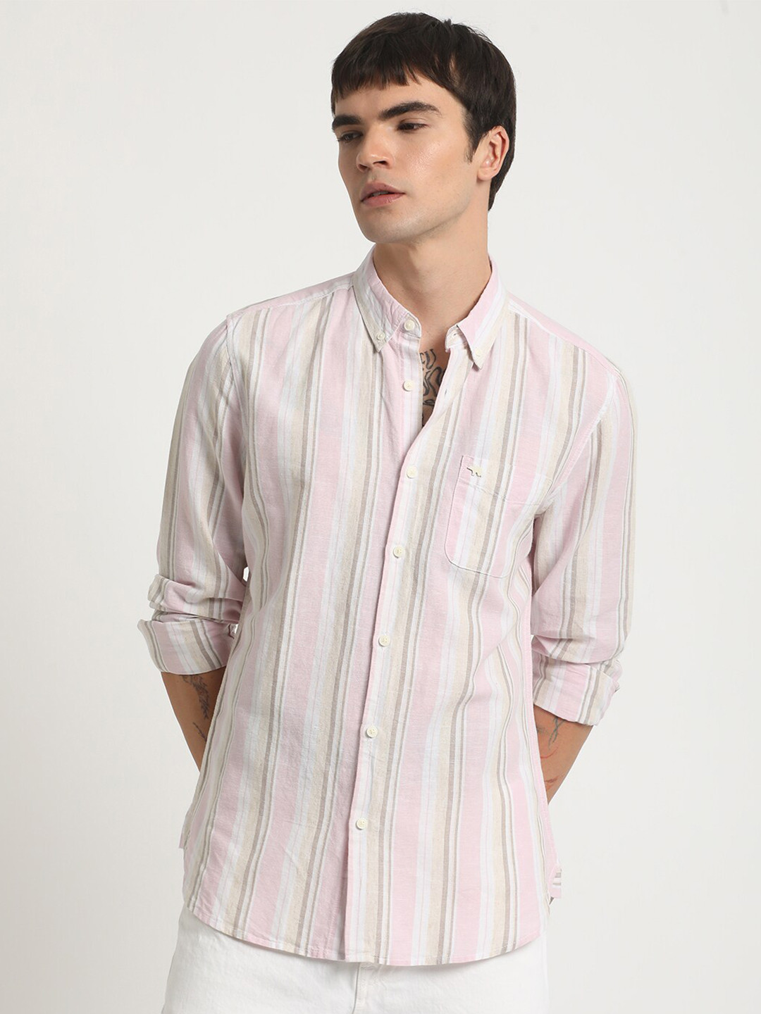 

THE BEAR HOUSE Slim Fit Vertical Striped Button-Down Collar Cotton Linen Casual Shirt, Pink