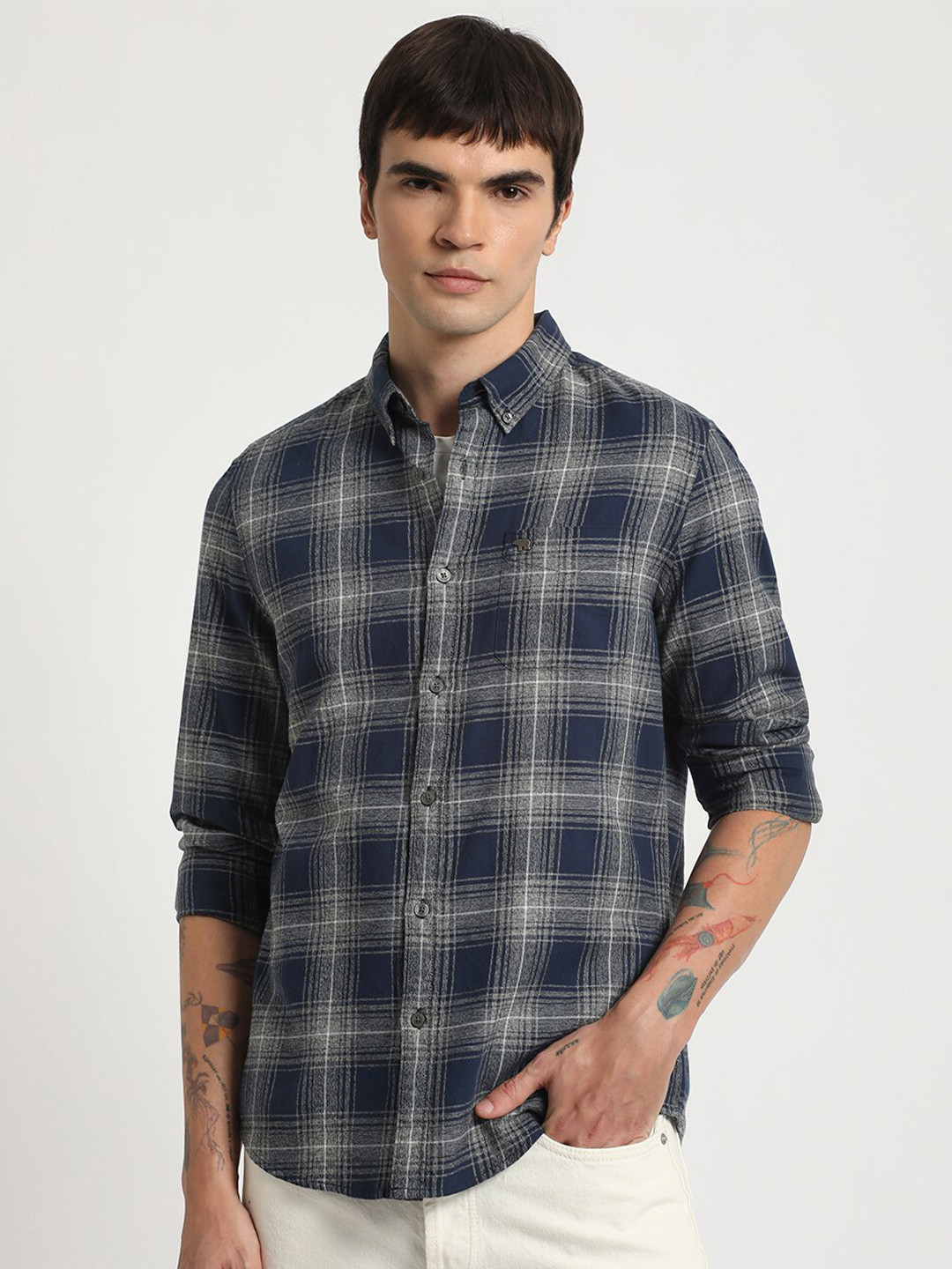 

THE BEAR HOUSE Slim Fit Tartan Checked Button-Down Collar Pure Cotton Casual Shirt, Blue