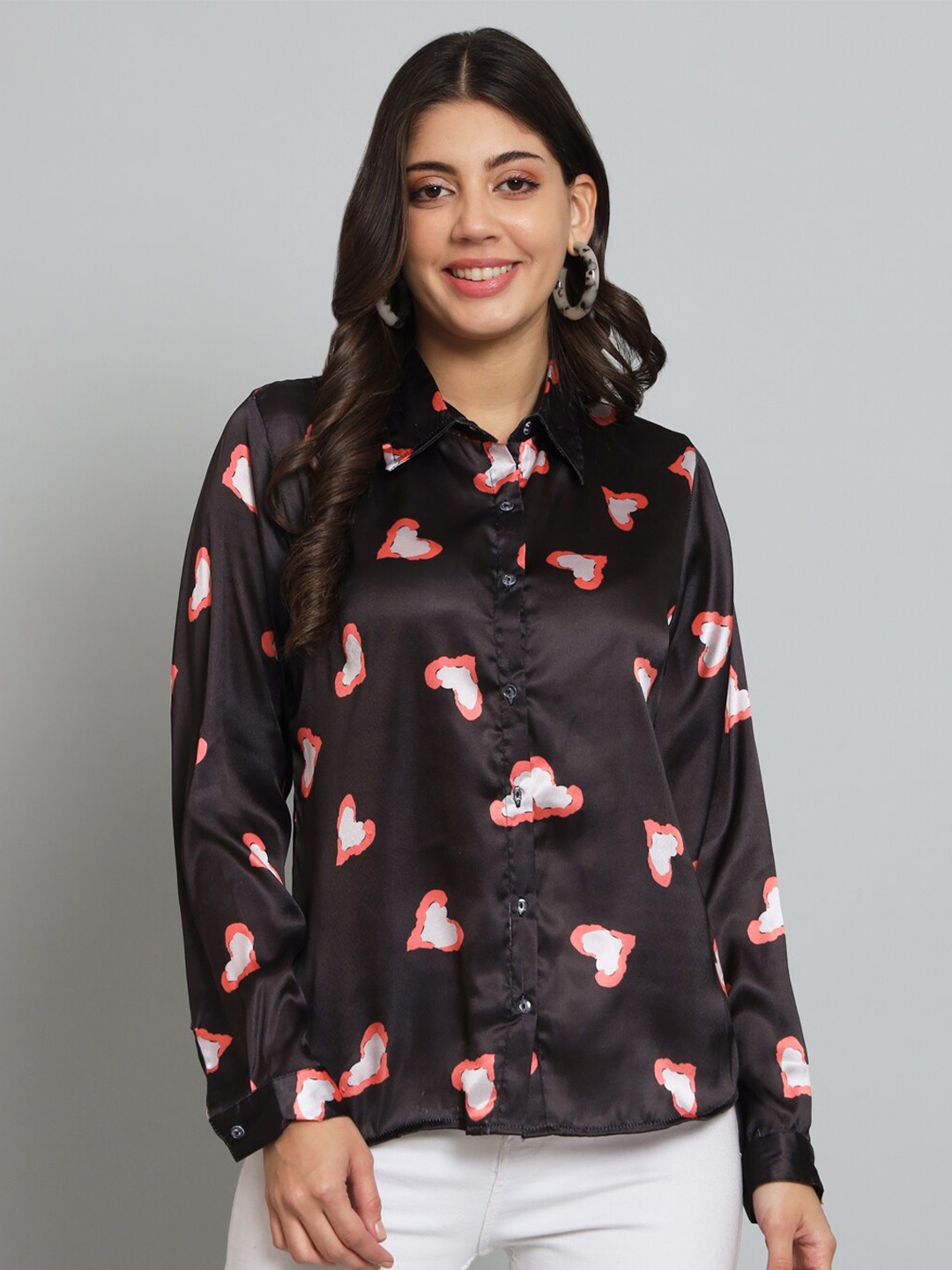 

Funday Fashion Conversational Printed Satin Casual Shirt, Black