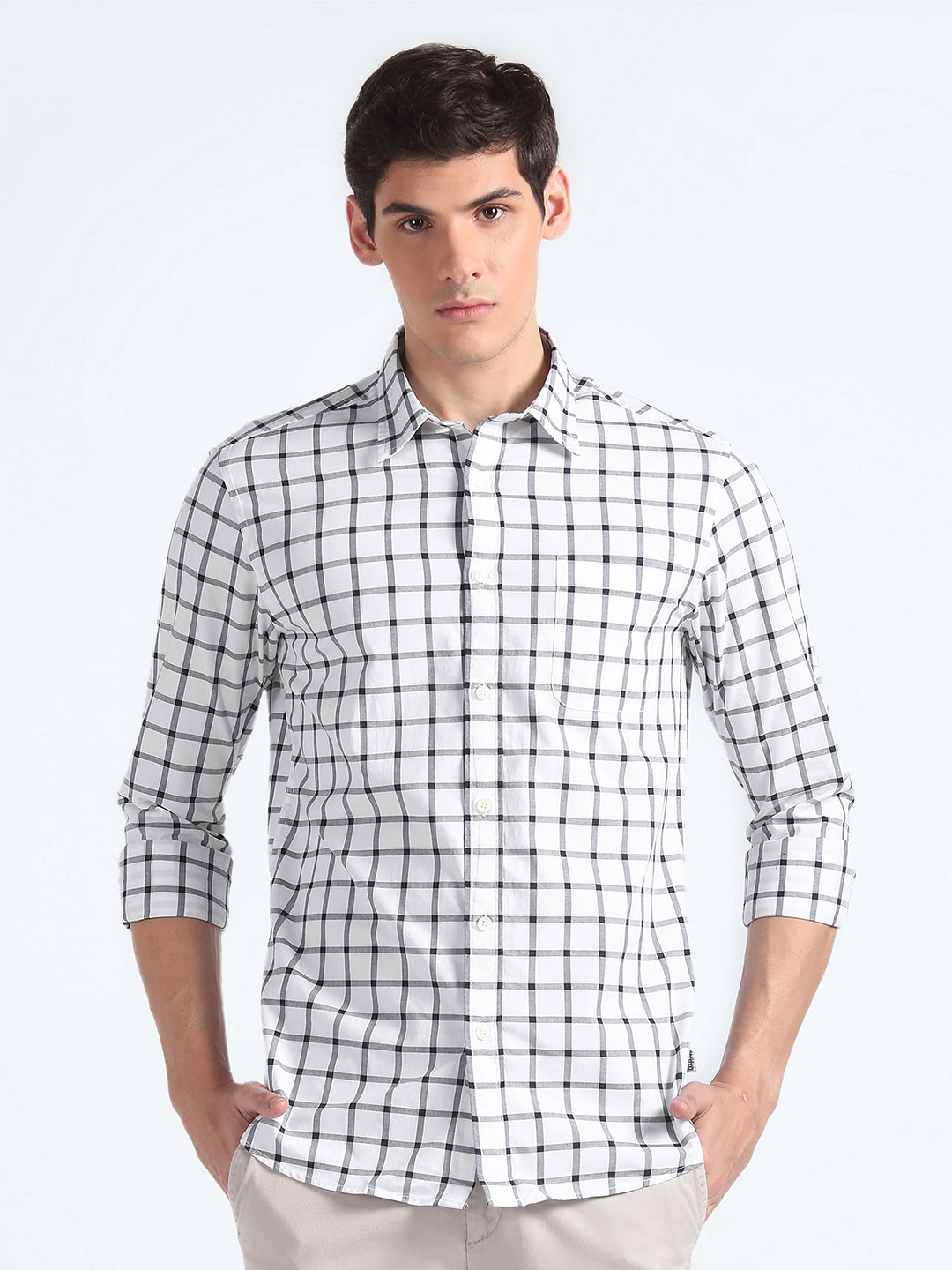 

Flying Machine Slim Fit Windowpane Checked Pure Cotton Casual Shirt, White