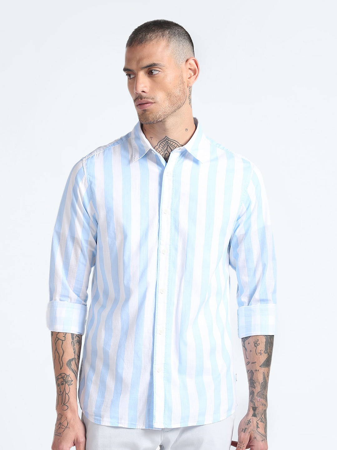 

Flying Machine Vertical Striped Slim Fit Cotton Casual Shirt, Blue
