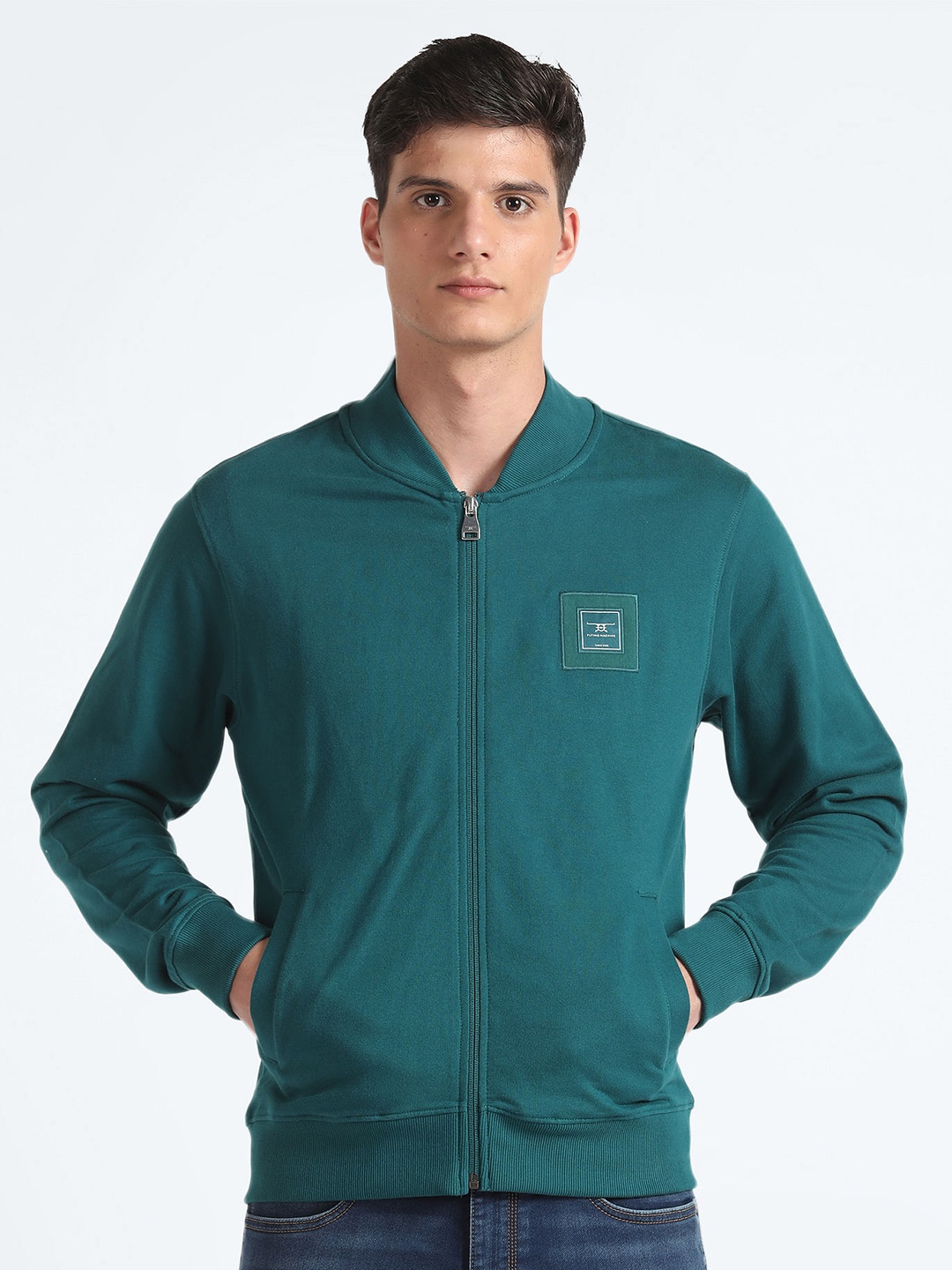 

Flying Machine Mock Collar Pure Cotton Front-Open Sweatshirt, Teal