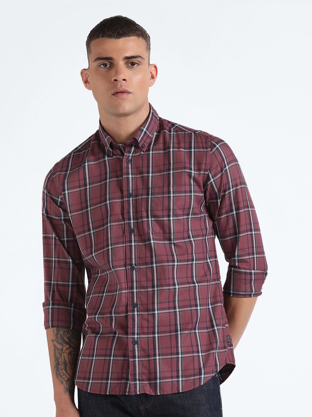 

Flying Machine Tartan Checked Slim Fit Cotton Twill Casual Shirt, Maroon