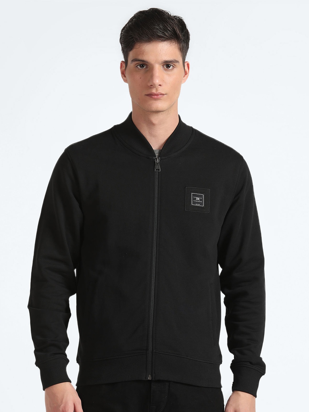 

Flying Machine Stand Collar Pure Cotton Front Open Sweatshirt, Black