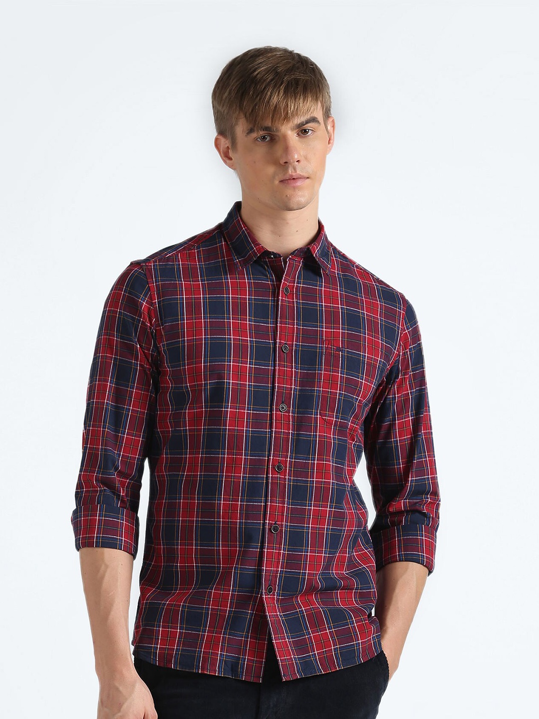 

Flying Machine Tartan Checked Slim Fit Cotton Casual Shirt, Red