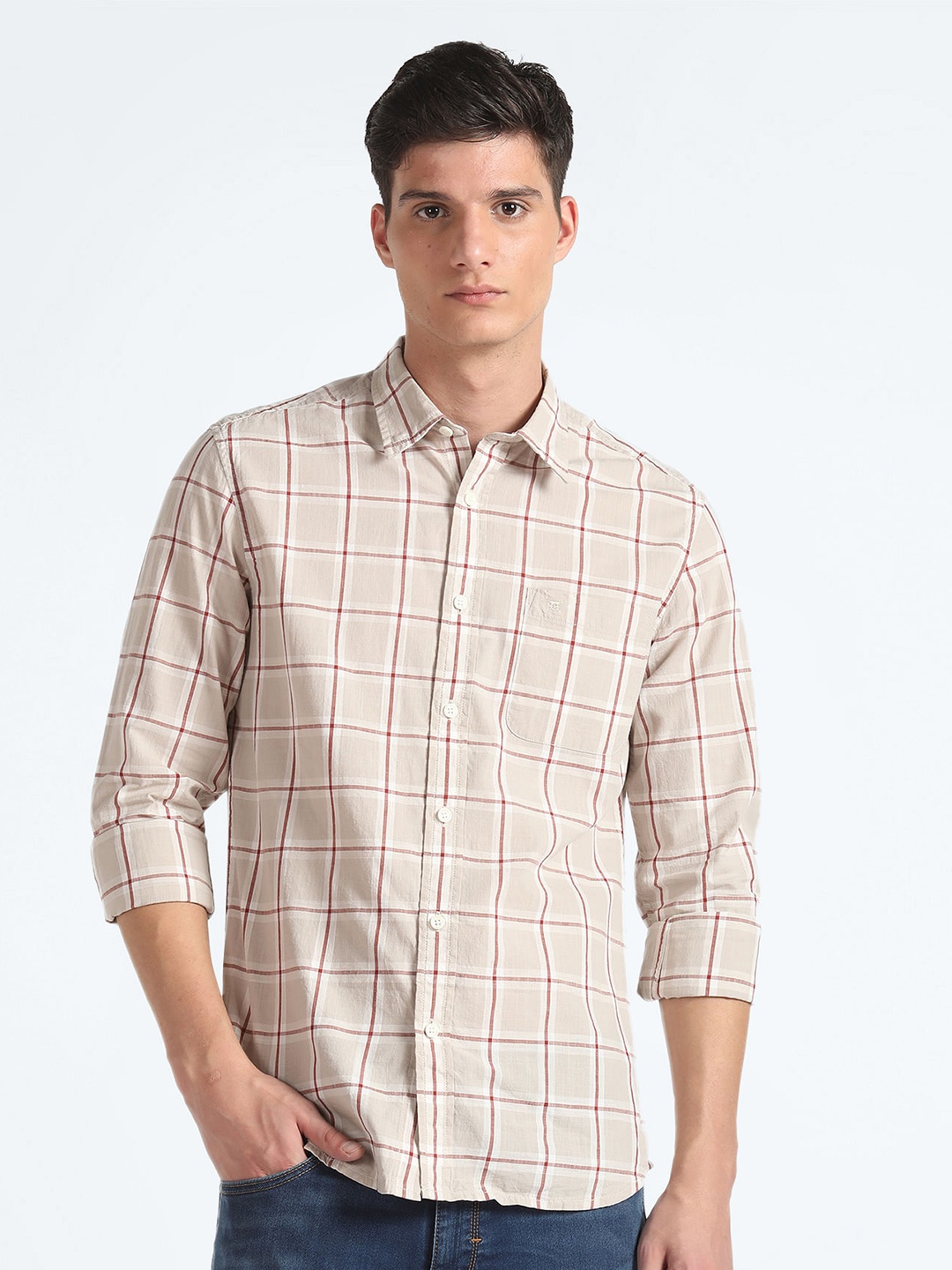 

Flying Machine Tartan Checked Slim Fit Cotton Casual Shirt, Beige