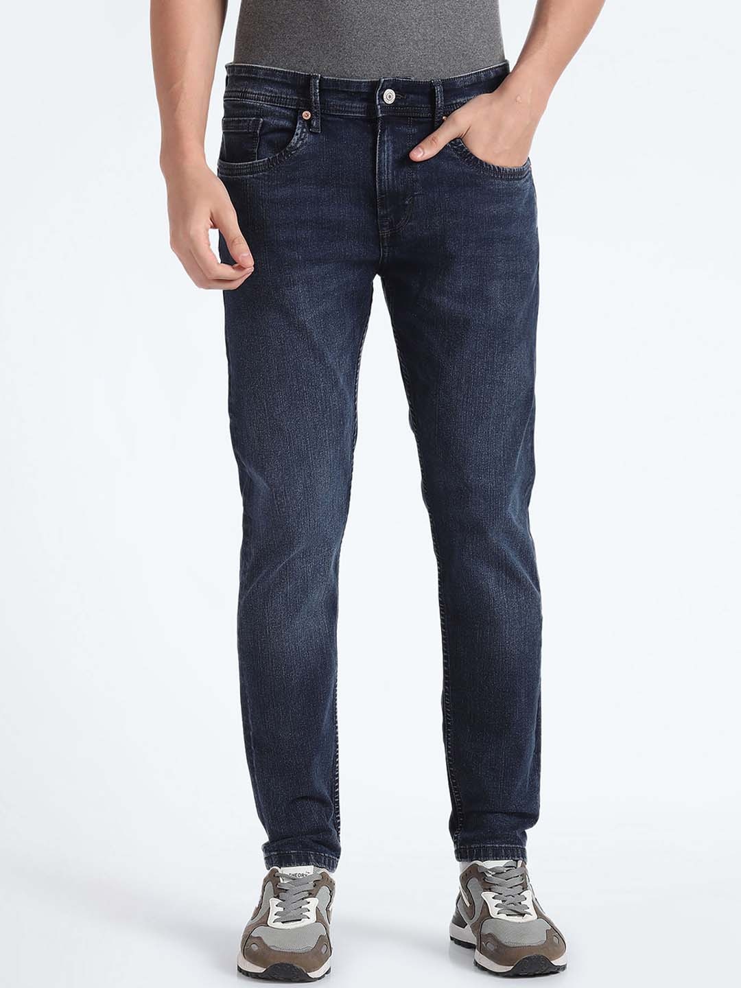 

Flying Machine Men Tapered Fit Clean Look Whiskers Stretchable Jeans, Blue
