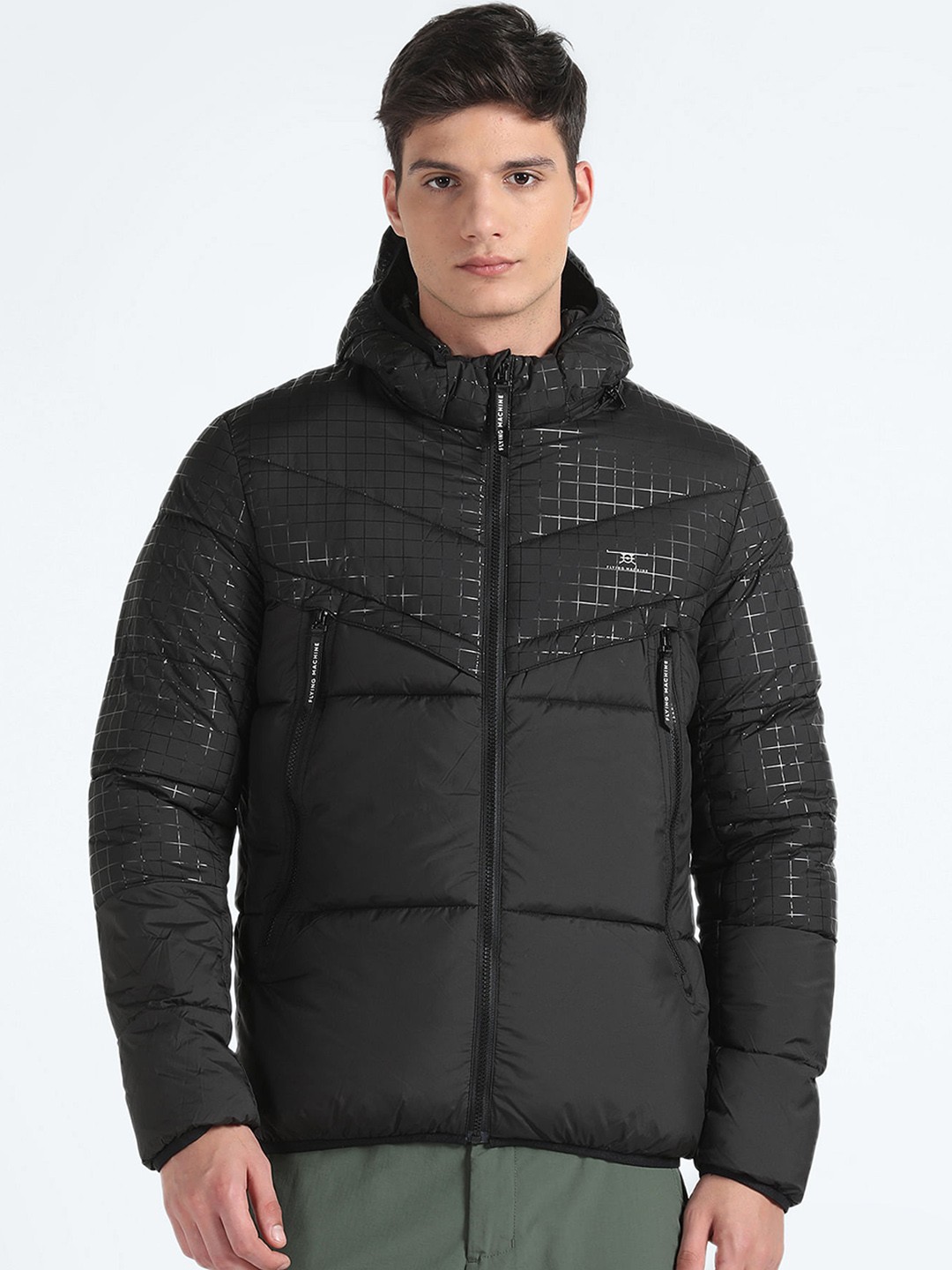 

Flying Machine Checked Hooded Puffer Jacket, Black