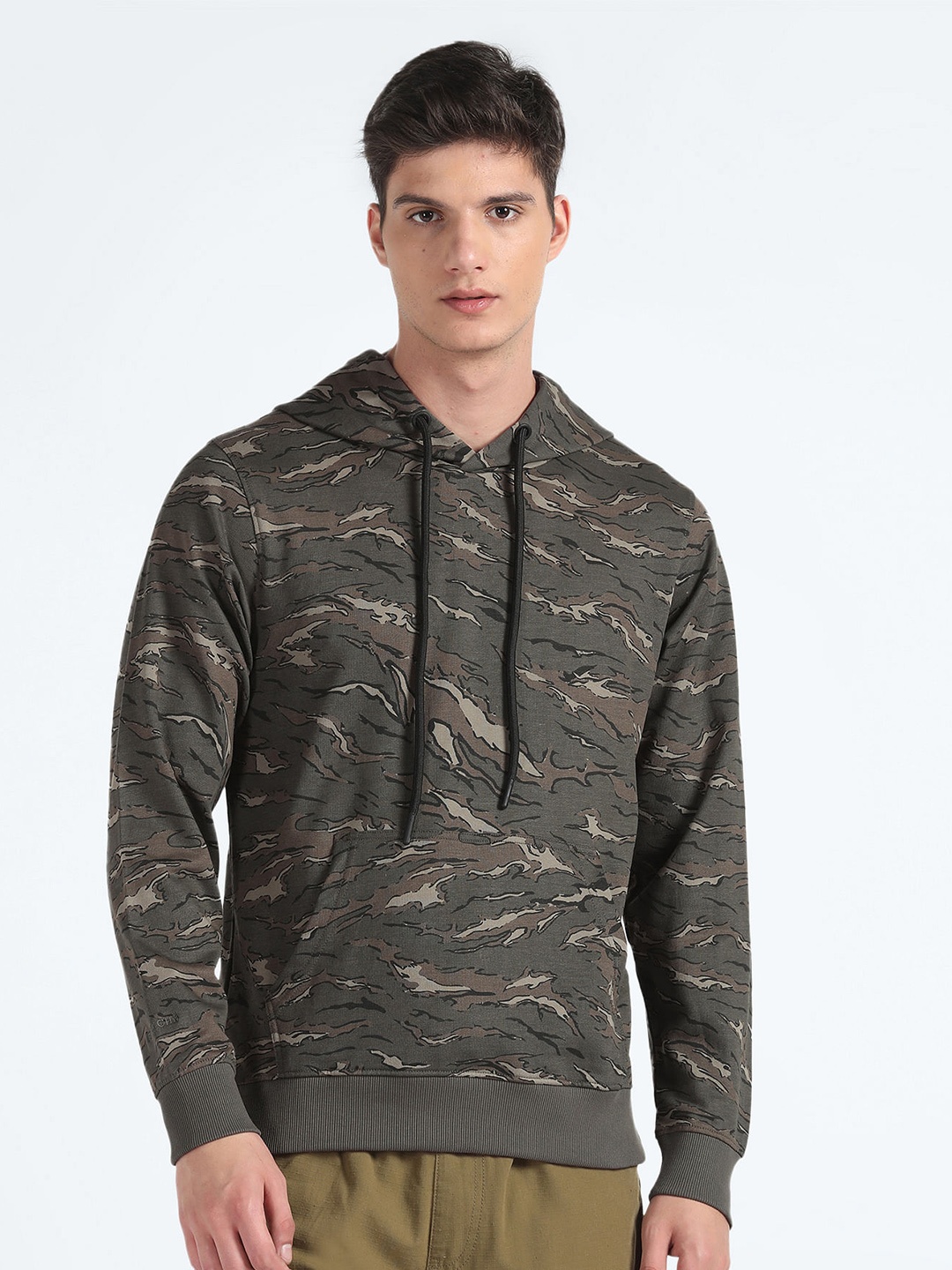 

Flying Machine Abstract Printed Hooded Pure Cotton Pullover, Olive