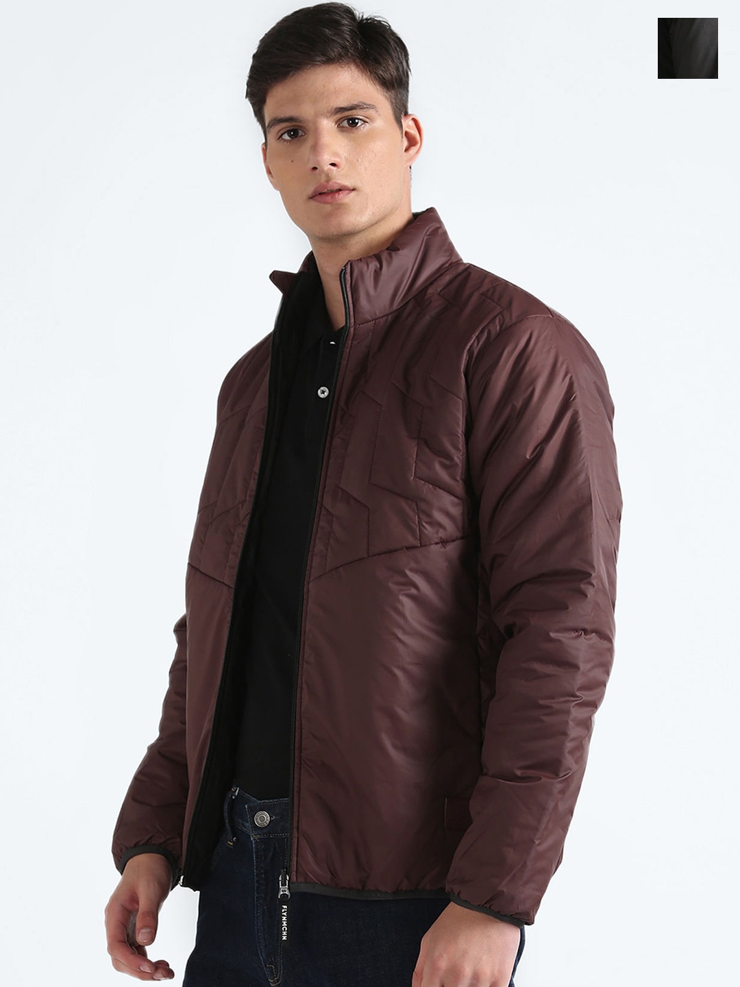 

Flying Machine Mock Collar Long Sleeves Reversible Padded Jacket, Black