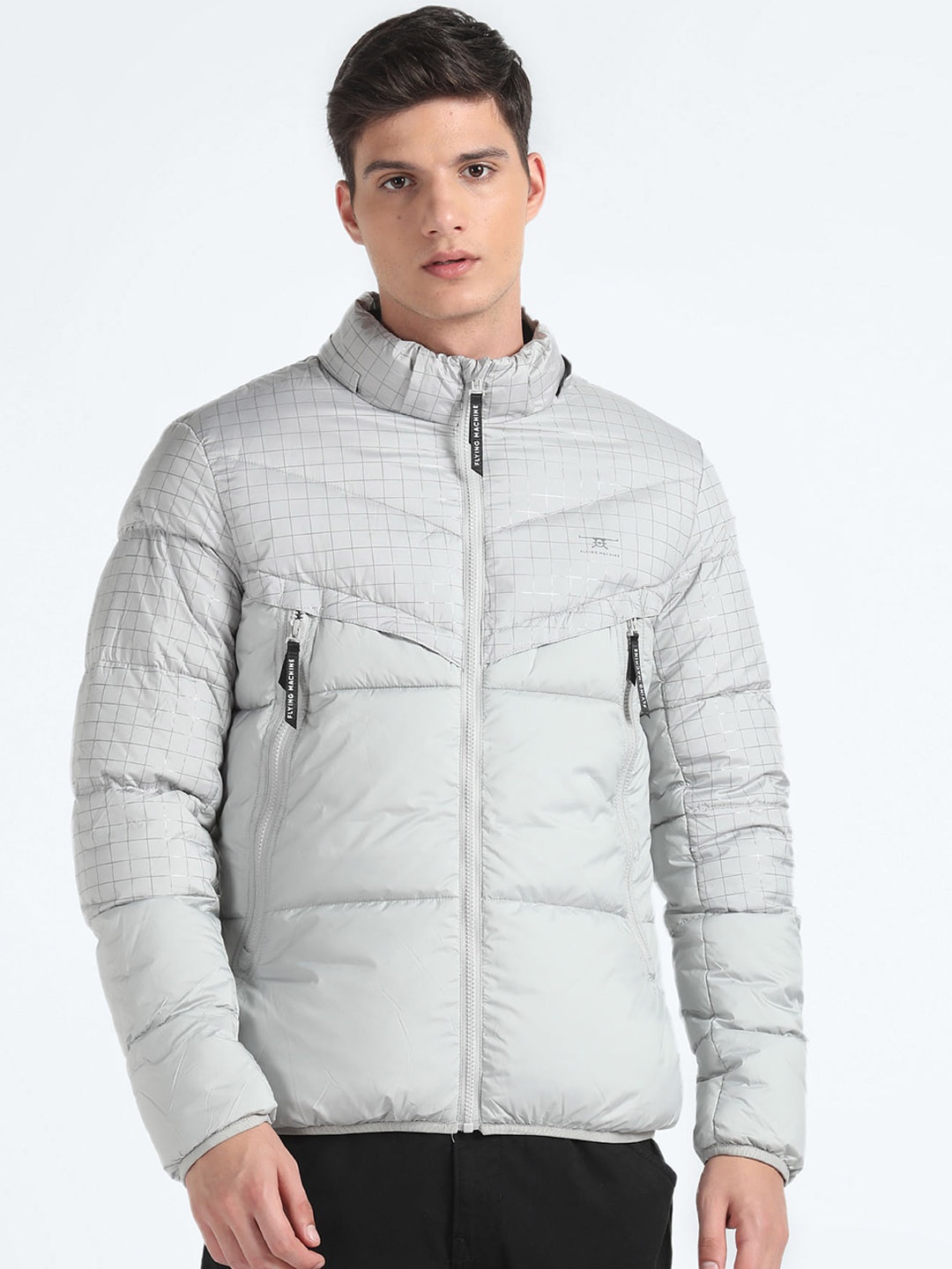 

Flying Machine Checked Hooded Puffer Jacket, Grey