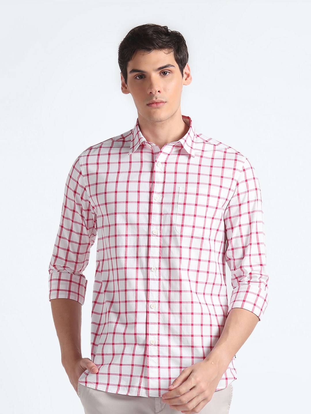 

Flying Machine Slim Fit Windowpane Checks Pure Cotton Casual Shirt, White