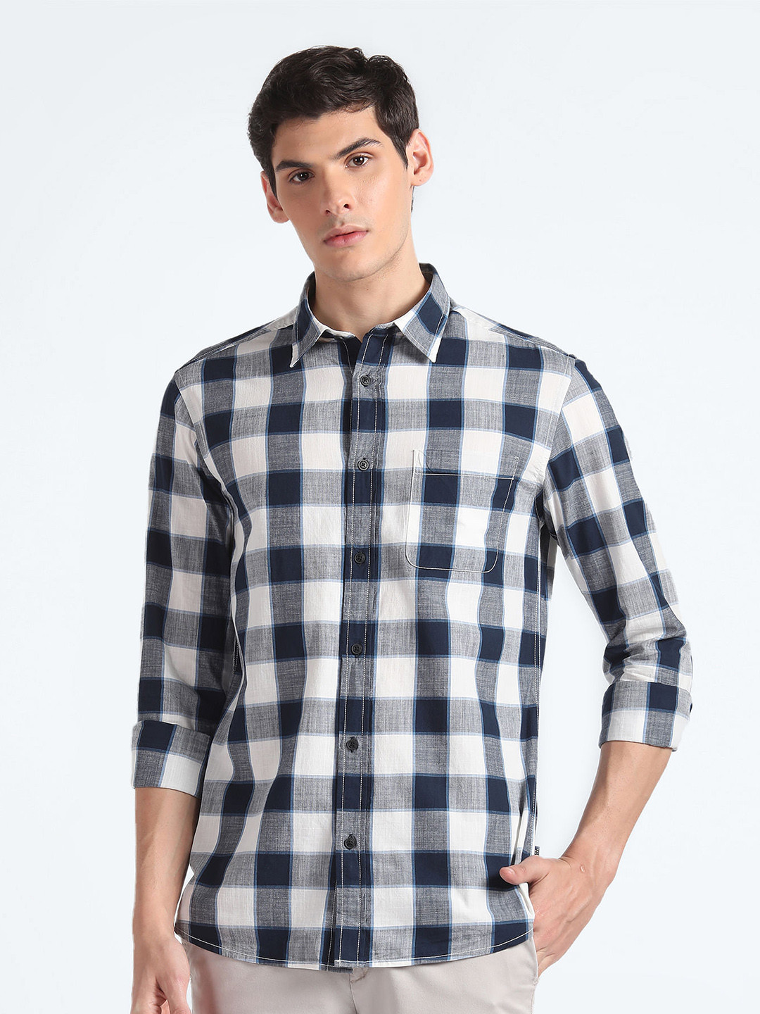 

Flying Machine Slim Fit Buffalo Checks Pure Cotton Casual Shirt, Blue