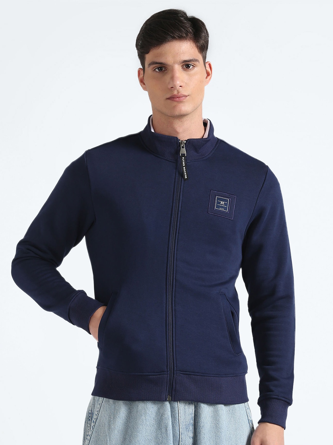 

Flying Machine Mock Collar Long Sleeves Front Open Sweatshirt, Blue