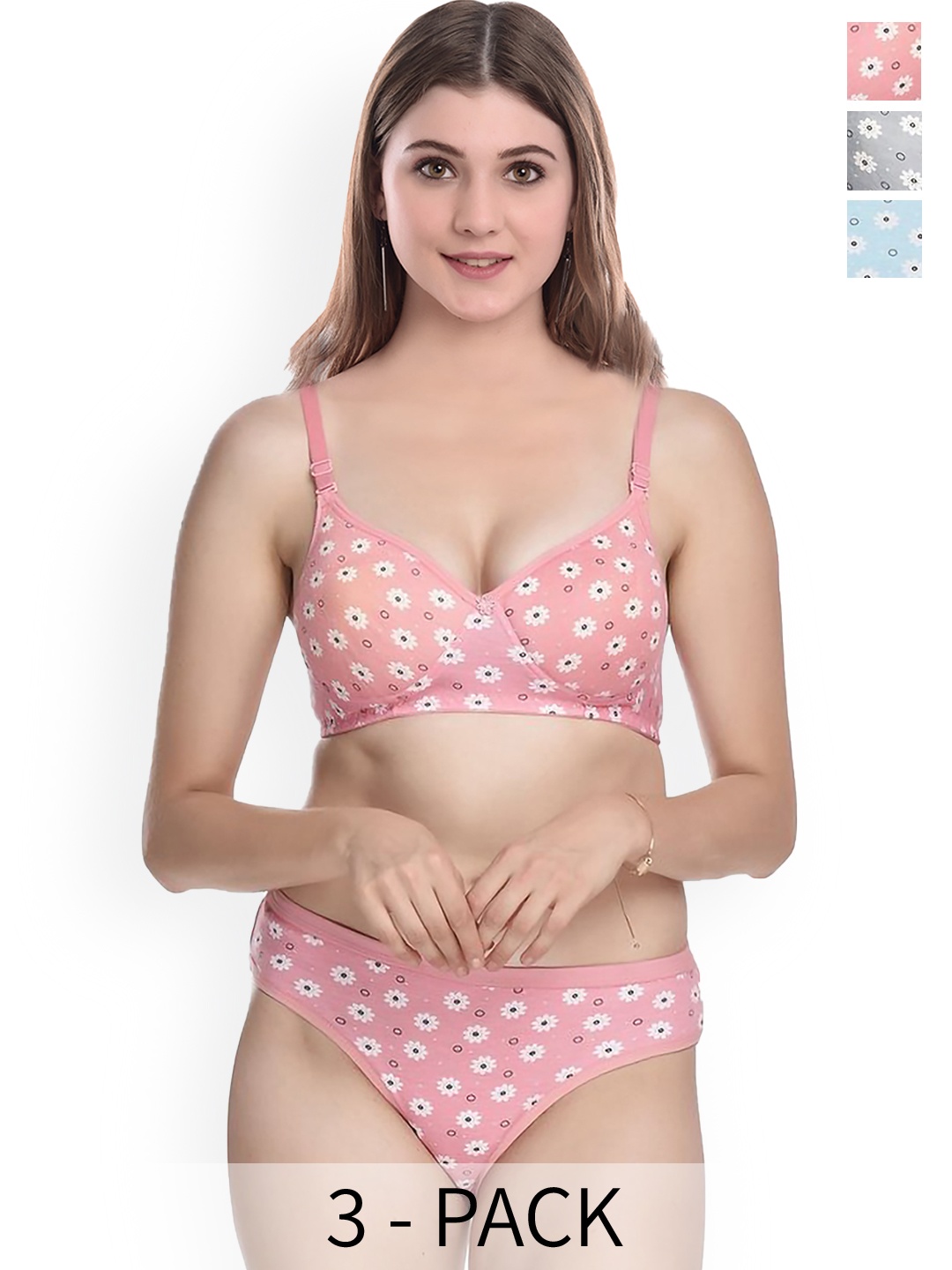 

PIBU Pack Of 3 Printed Cotton Lingerie Set, Blue