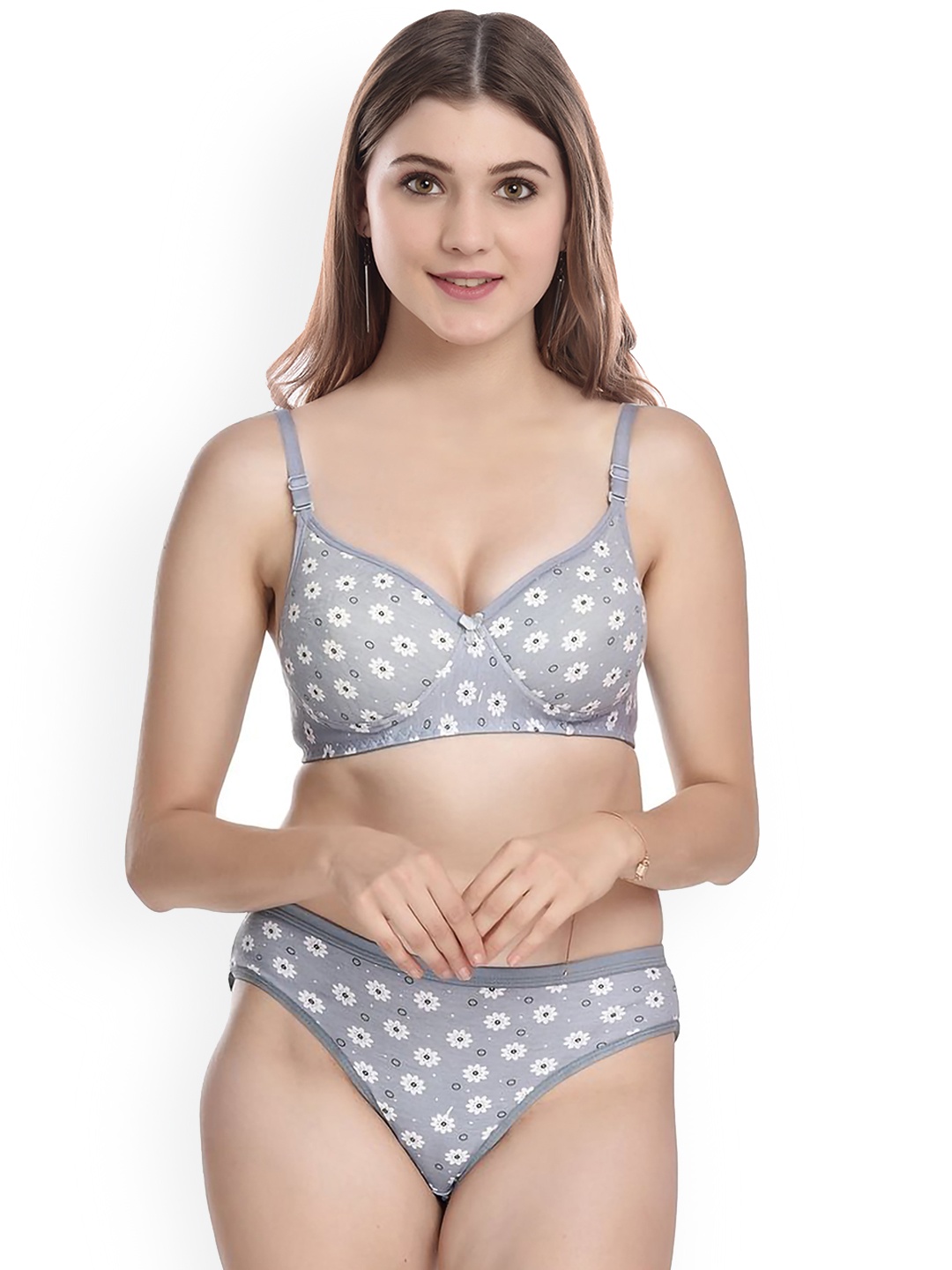 

PIBU Floral Printed Cotton Lingerie Set, Grey
