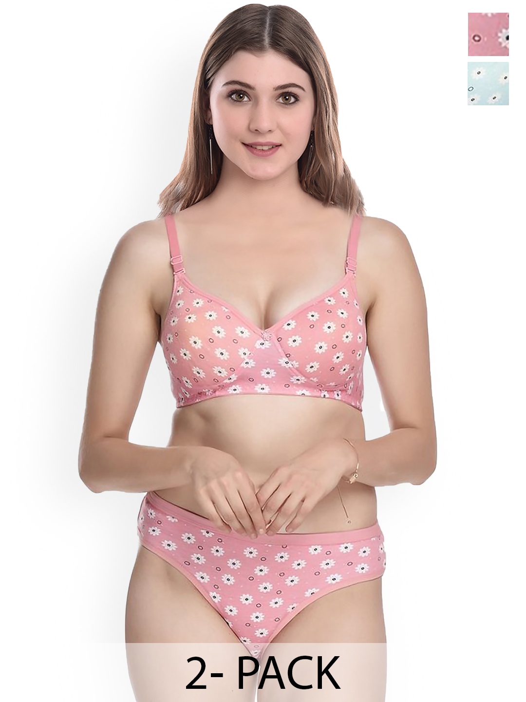 

PIBU Pack Of 2 Printed Cotton Lingerie Sets, Pink