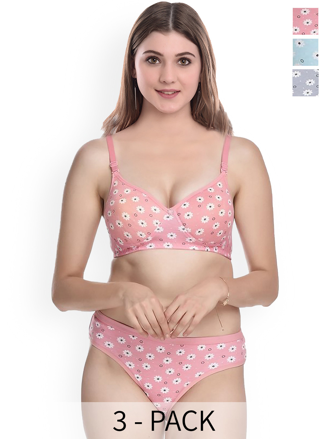 

Aamarsh Pack Of 3 Printed Cotton Lingerie Set, Blue
