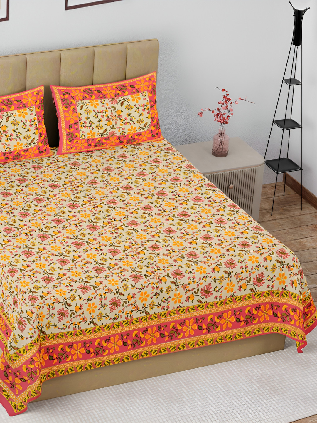 

The Craft Monk Beige & Yellow Cotton 180 TC King Bedsheet with 2 Pillow Covers