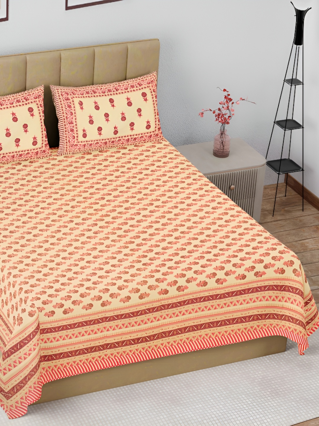 

The Craft Monk Beige & Pink Floral Cotton 180 TC King Bedsheet with 2 Pillow Covers