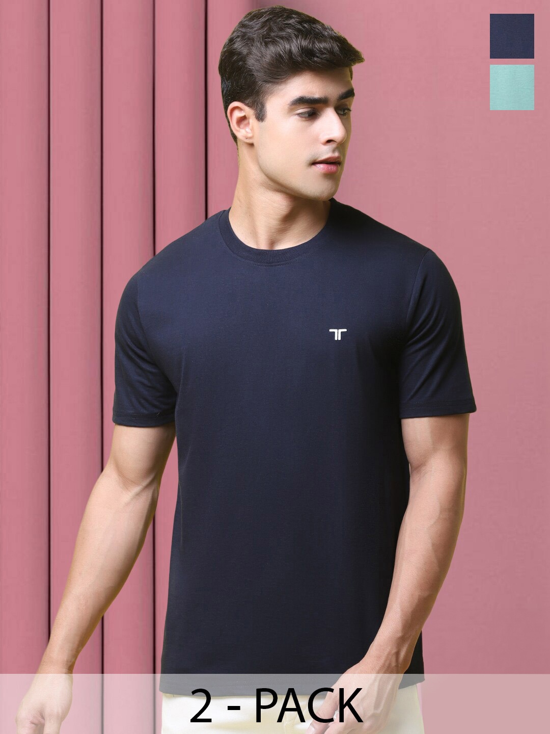 

Tee Projekt Pack Of 2 Round Neck Short Sleeves Cotton T-shirt, Navy blue