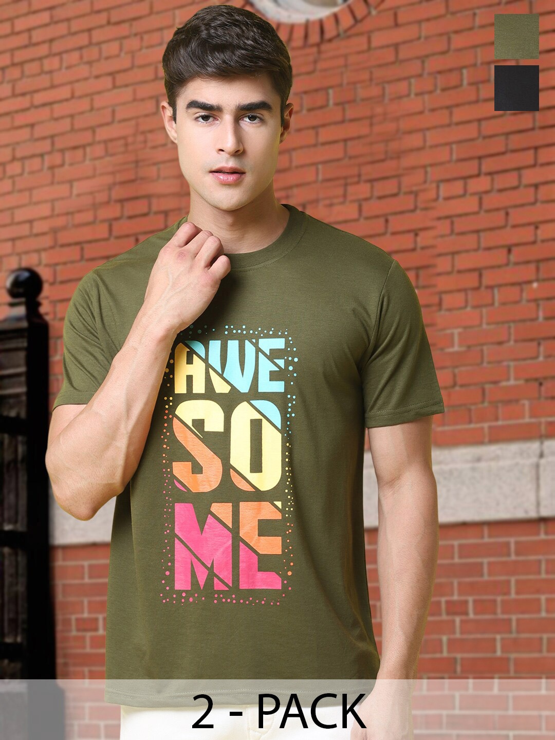 

Tee Projekt Pack Of 2 Typographic Printed Cotton T-shirt, Green