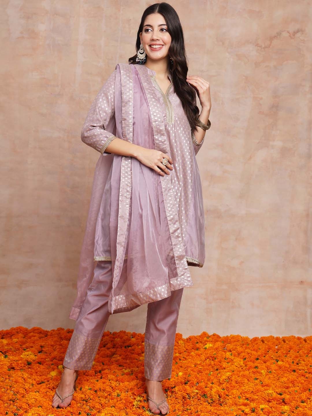 

JAIPUR PRIME Woven Design A-Line Kurta with Trousers & With Dupatta, Purple