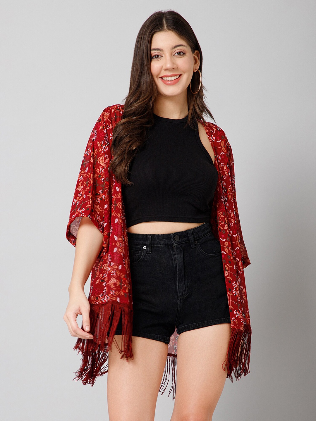 

PURYS Floral Printed Tasselled Longline Shrug, Maroon