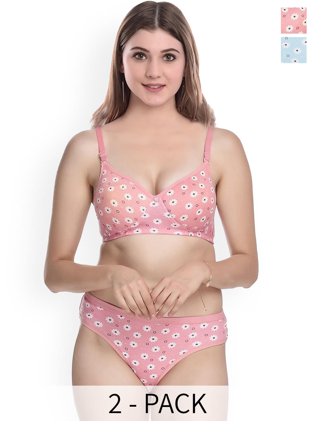 

AROUSY Pack Of 2 Printed Cotton Lingerie Set, Pink