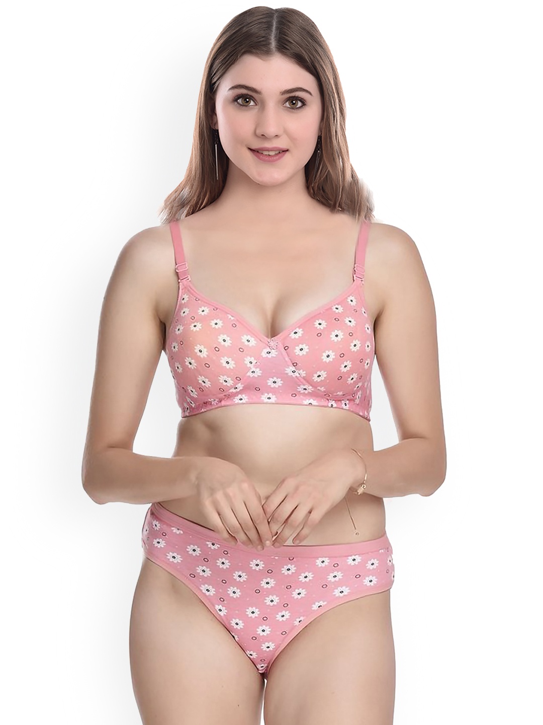 

AROUSY Floral Printed Cotton Lingerie Set, Pink