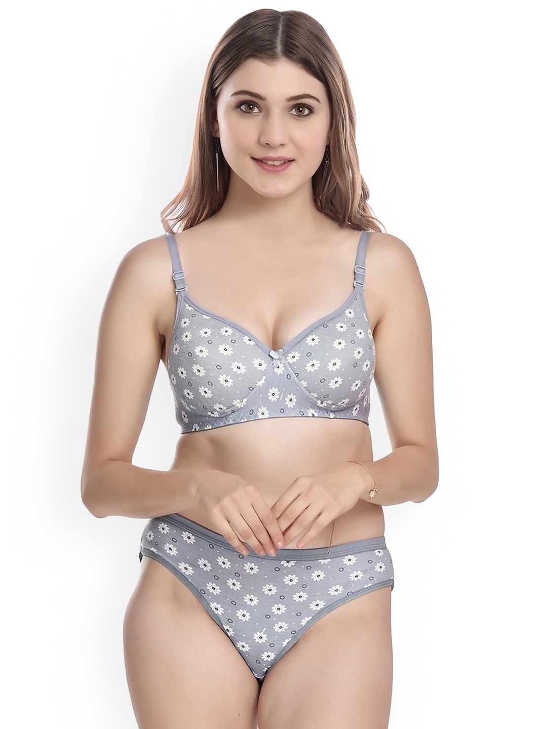 

AROUSY Floral Printed Cotton Lingerie Set, Grey