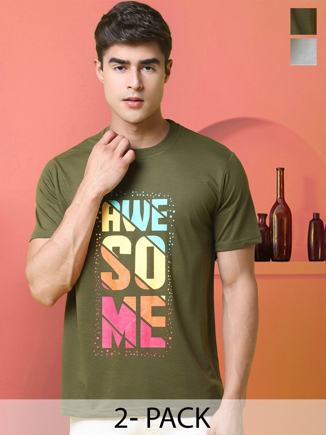 

tee projekt Pack Of 2 Typography Printed T-shirt, Olive