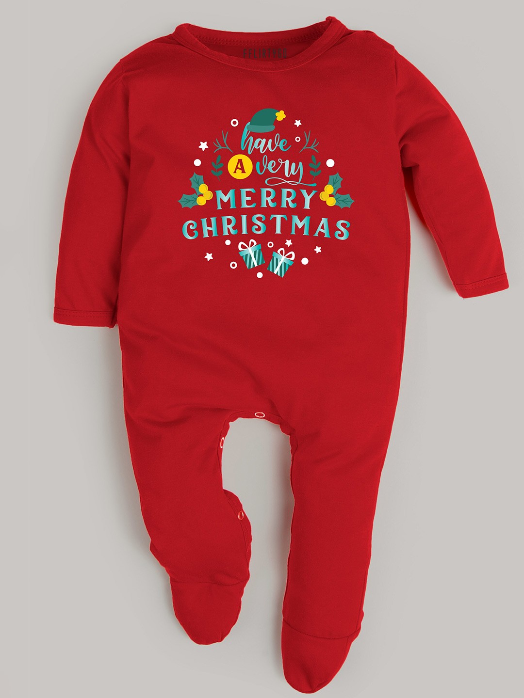 

FFLIRTYGO Infants Kids Merry Christmas Printed Cotton Sleepsuit, Red