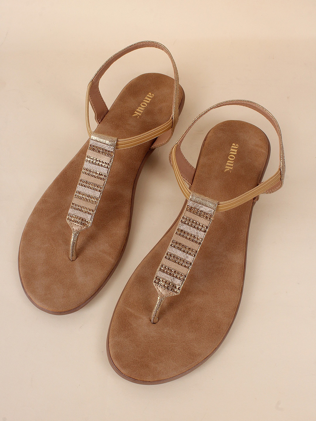 

Anouk Beige Embellished T-Strap Flats With Backstrap