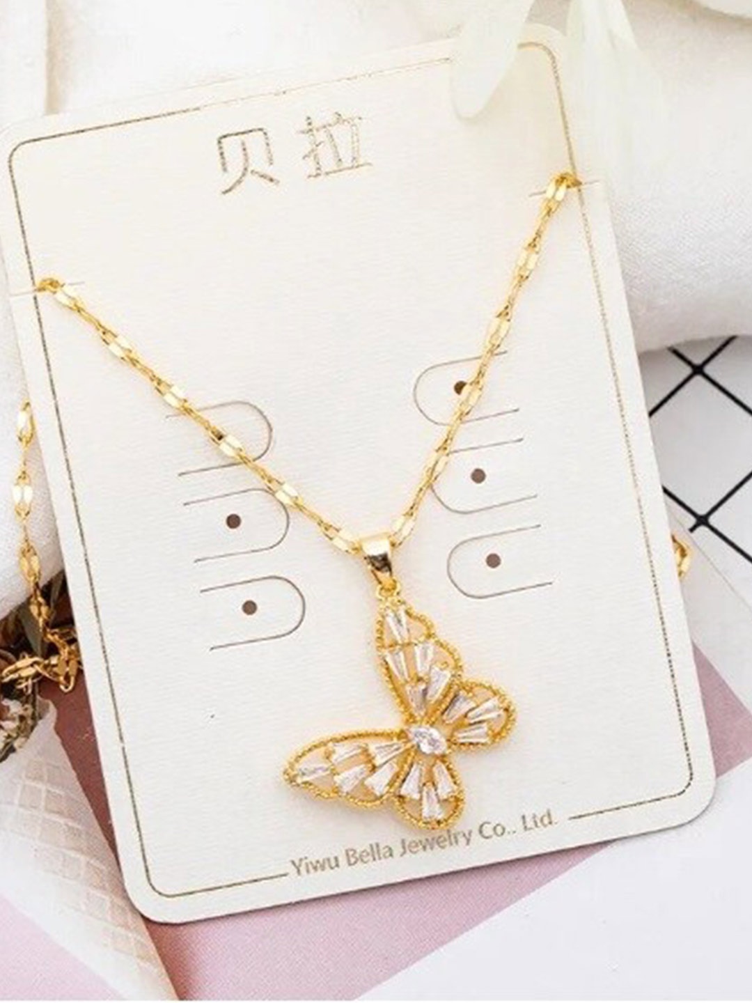 

KRYSTALZ Gold-Plated Zircon-Studded Butterfly-Charm Pendant With Chain
