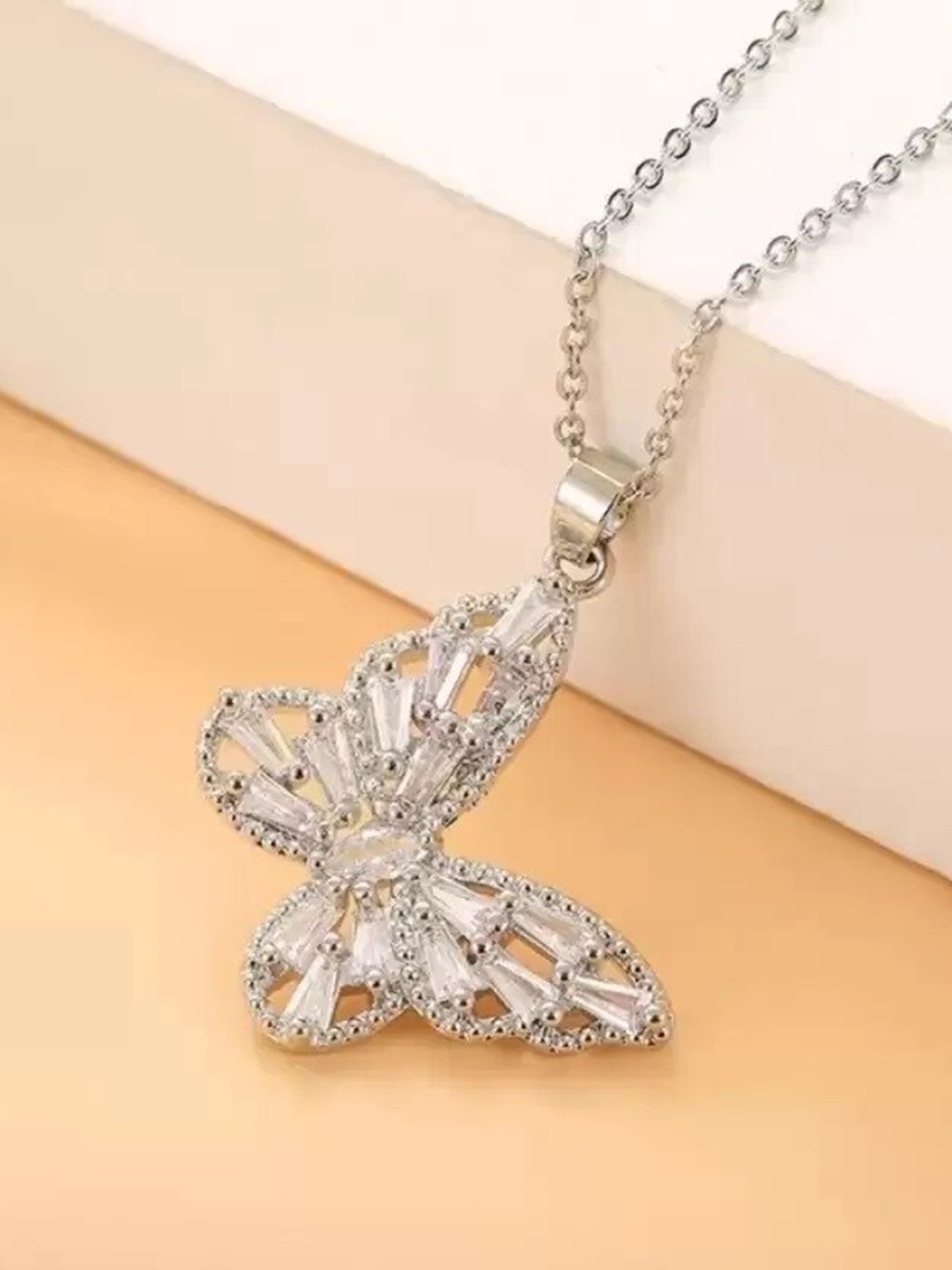 

KRYSTALZ Silver-Plated CZ-Studded Butterfly-Charm Pendant With Chain