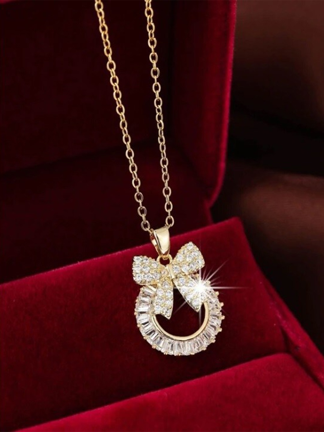 

KRYSTALZ Gold-Plated CZ-Studded Bow Round-Charm Pendant With Chain
