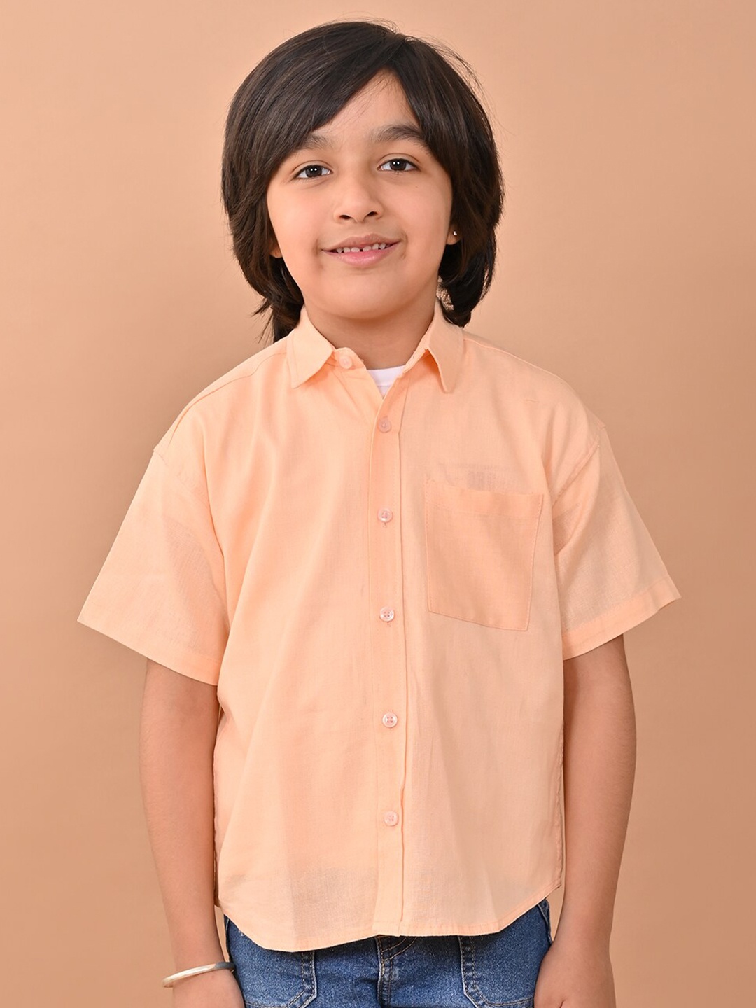 

CHIMPAAANZEE Boys Relaxed Pure Cotton Casual Shirt, Peach