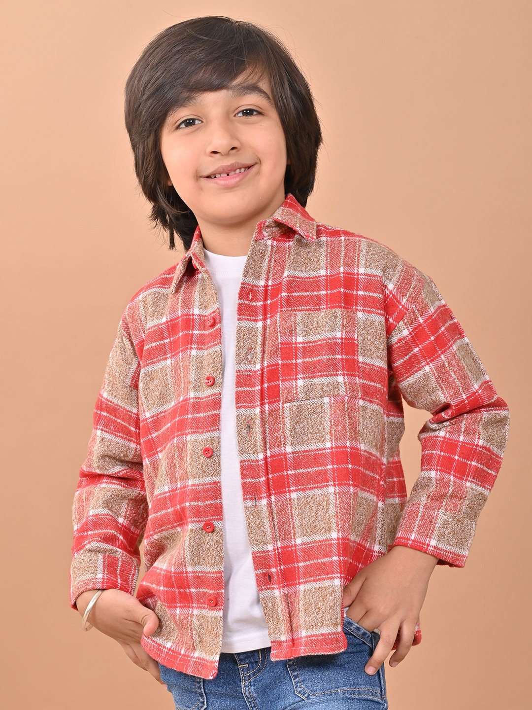 

CHIMPAAANZEE Boys Relaxed Tartan Checked Drop Shoulder Full Casual Shacket, Red