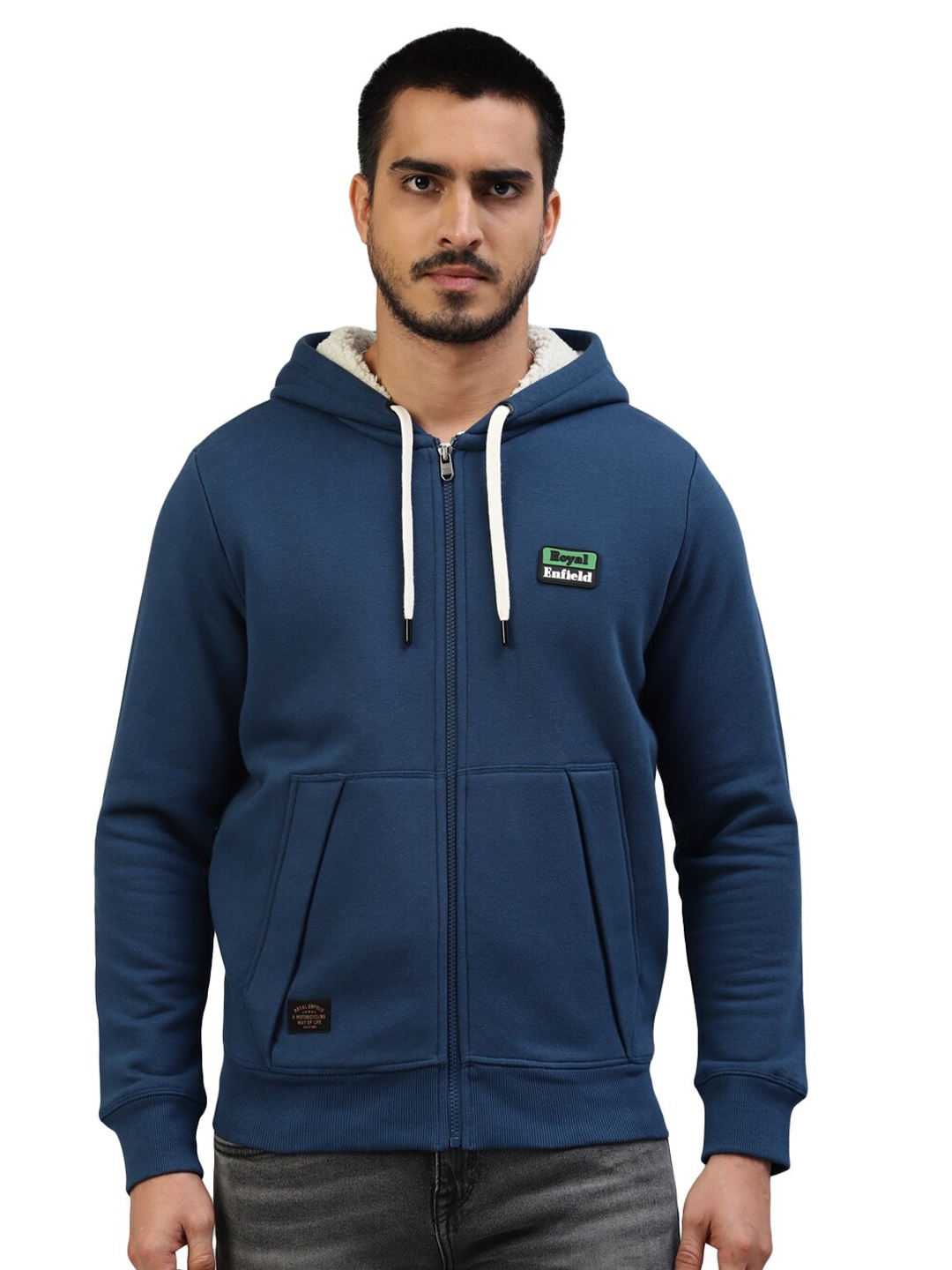 

Royal Enfield Hooded Cotton Front Open Sweatshirt, Blue