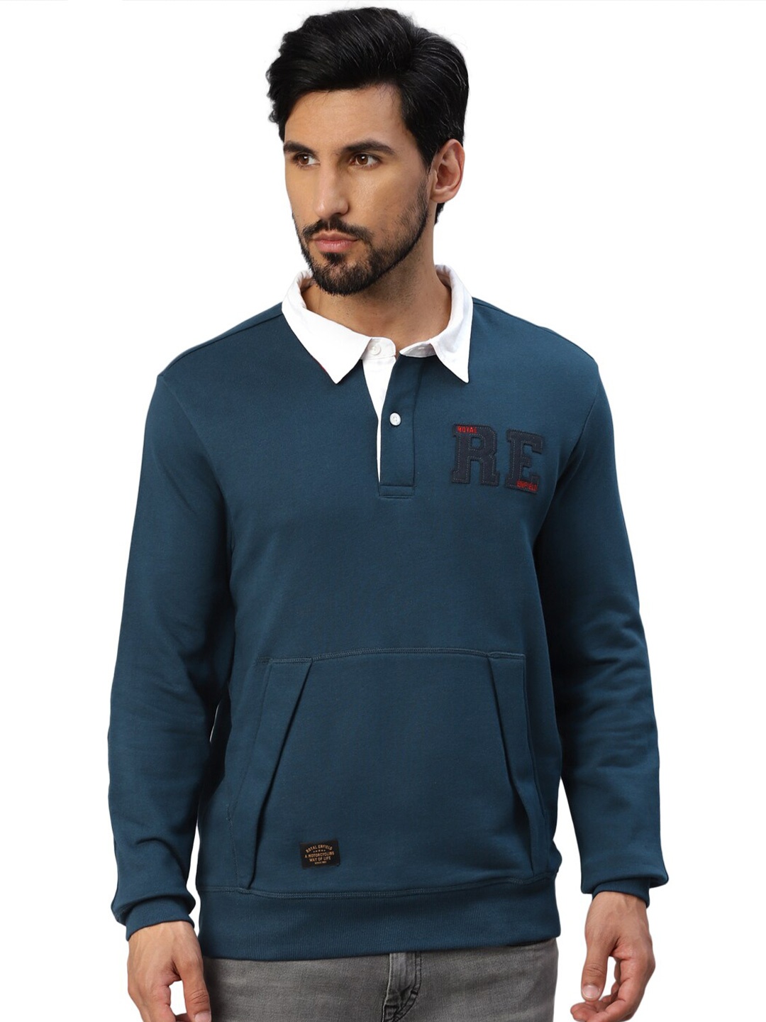 

Royal Enfield Typography Printed Shirt Collar Cotton Pullover, Blue